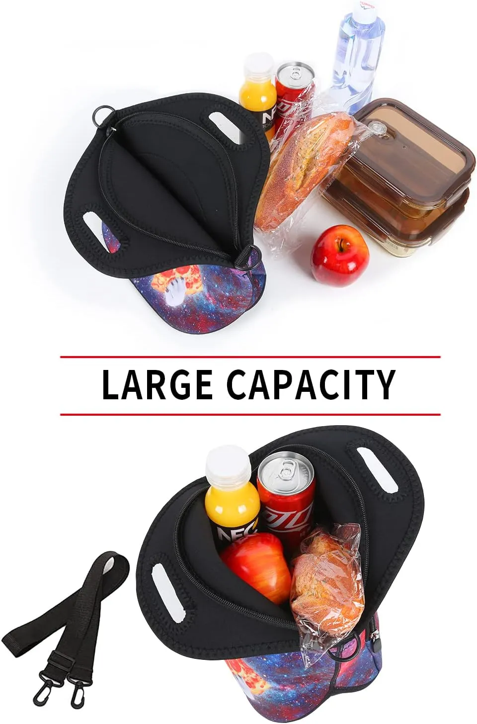 Violet Mist Neoprene Lunch Bags with Shoulder Strap Lunch Totes for Women Insulated Lunch Handbag Thermal Lunch Box Reusable Gourmet Bento Bag Pocket Zipper for Work Picnic Travel Shopping, Cat Pizza