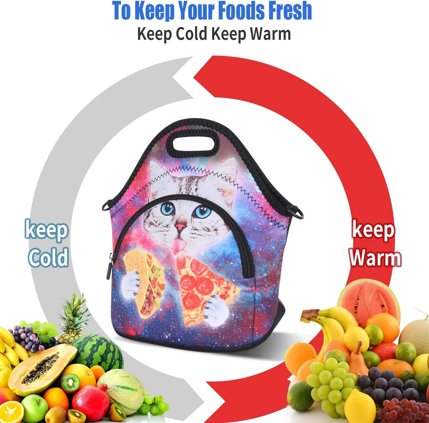 Violet Mist Neoprene Lunch Bags with Shoulder Strap Lunch Totes for Women Insulated Lunch Handbag Thermal Lunch Box Reusable Gourmet Bento Bag Pocket Zipper for Work Picnic Travel Shopping, Cat Pizza