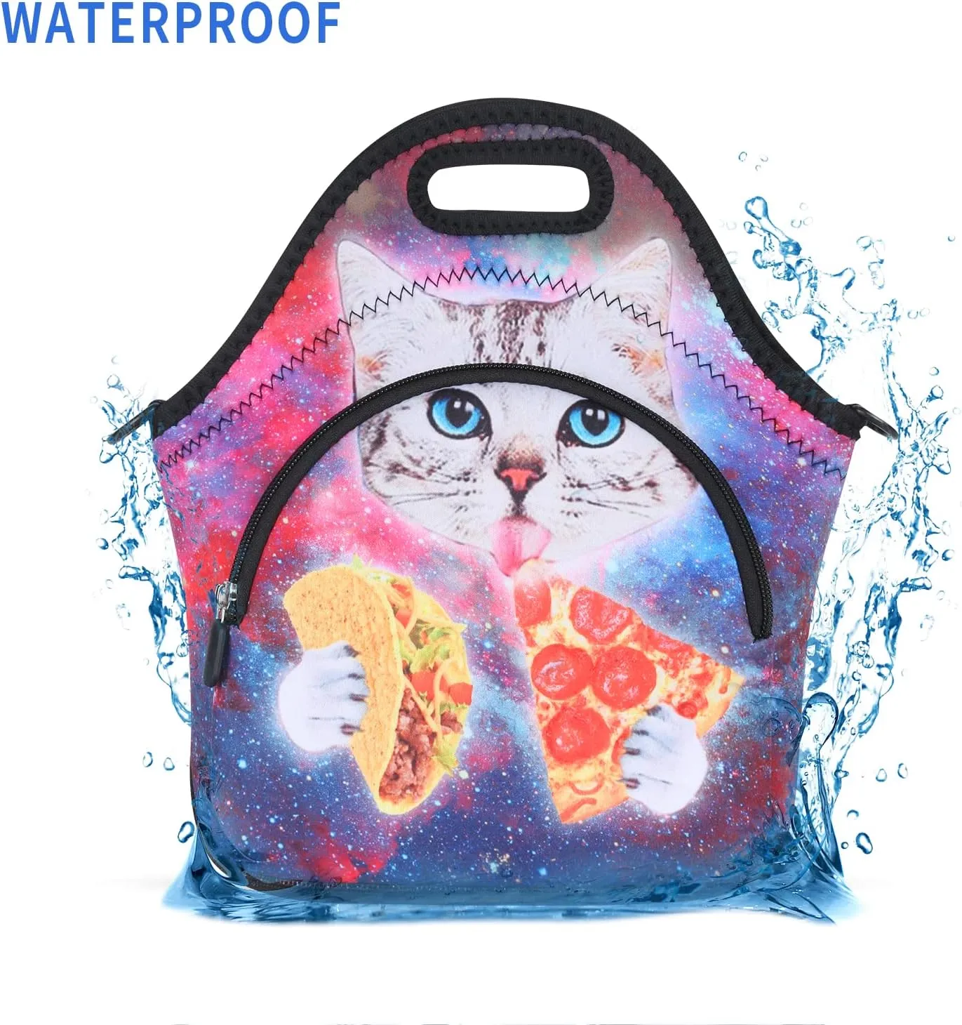 Violet Mist Neoprene Lunch Bags with Shoulder Strap Lunch Totes for Women Insulated Lunch Handbag Thermal Lunch Box Reusable Gourmet Bento Bag Pocket Zipper for Work Picnic Travel Shopping, Cat Pizza