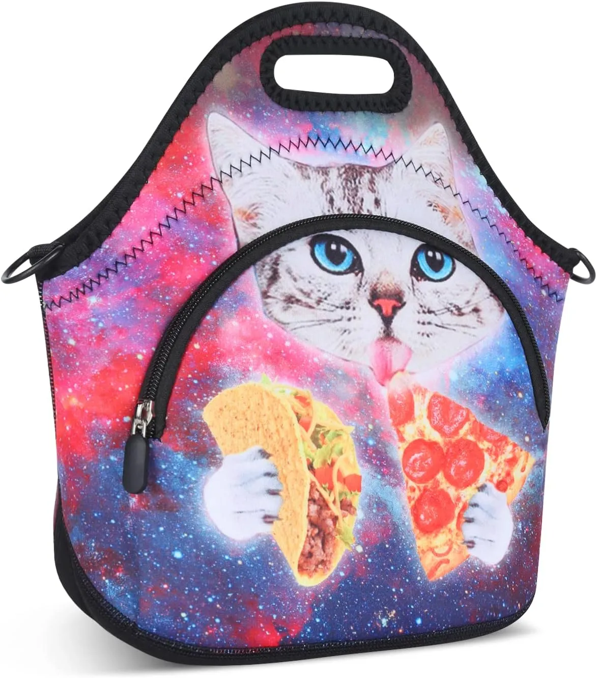 Violet Mist Neoprene Lunch Bags with Shoulder Strap Lunch Totes for Women Insulated Lunch Handbag Thermal Lunch Box Reusable Gourmet Bento Bag Pocket Zipper for Work Picnic Travel Shopping, Cat Pizza