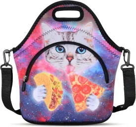 Violet Mist Neoprene Lunch Bags with Shoulder Strap Lunch Totes for Women Insulated Lunch Handbag Thermal Lunch Box Reusable Gourmet Bento Bag Pocket Zipper for Work Picnic Travel Shopping, Cat Pizza