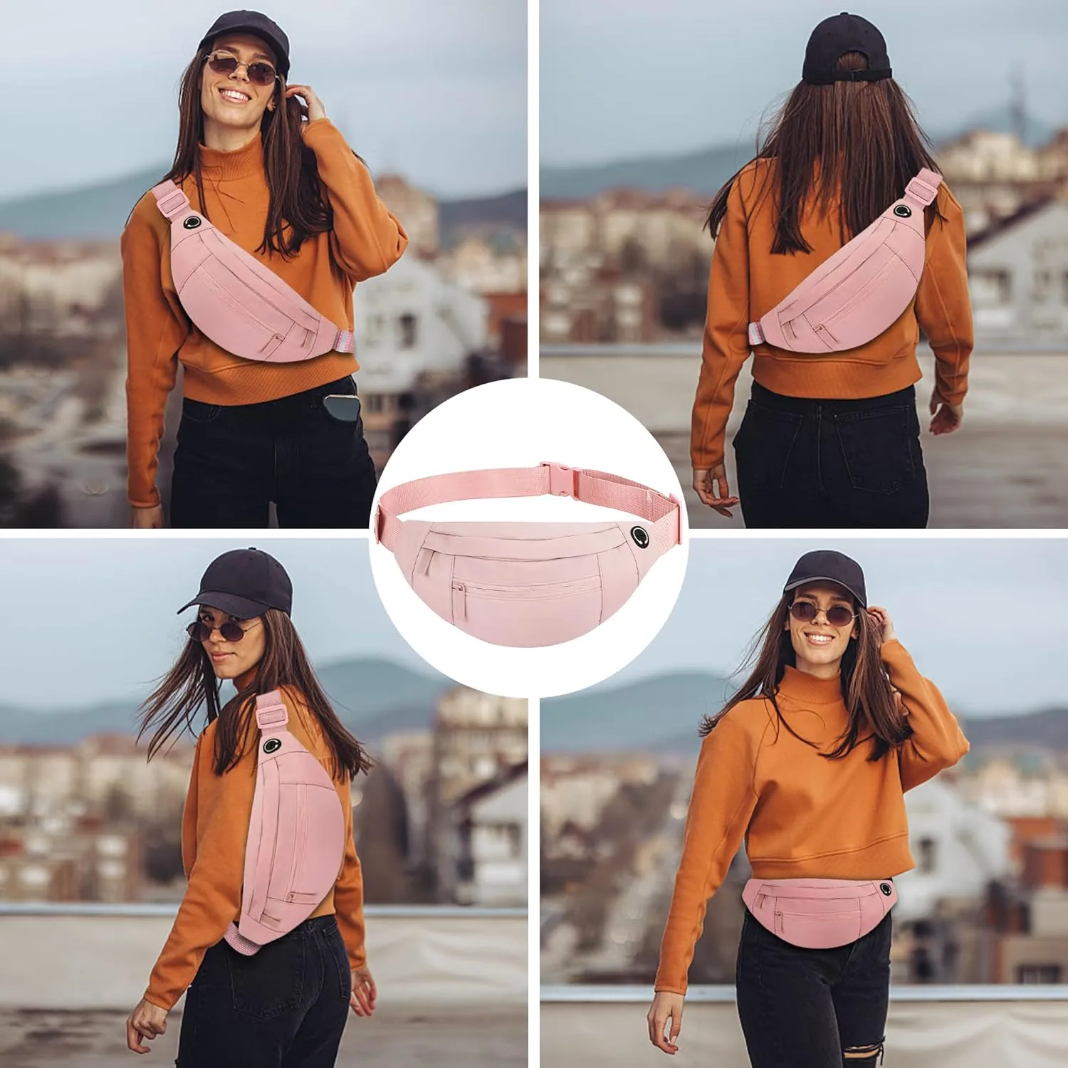 Viqueen Fashion Large Fanny Waist Pack Crossbody Belt Bag for Women and Men,Lightweight Bag with Zipper and Pockets,Water Resistant,Hands Free Phone Carrying,for Running,Sports(Pink)
