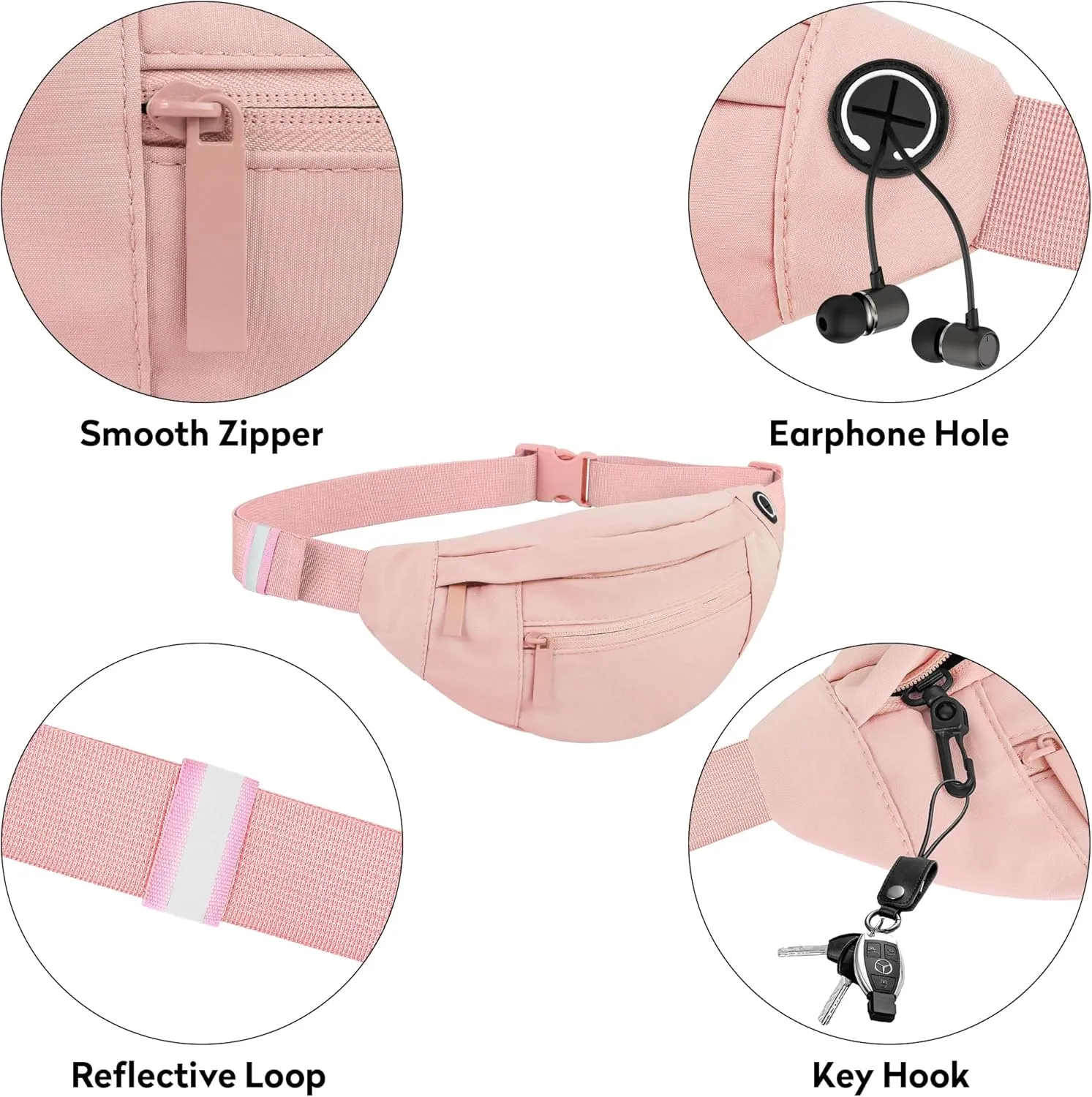 Viqueen Fashion Large Fanny Waist Pack Crossbody Belt Bag for Women and Men,Lightweight Bag with Zipper and Pockets,Water Resistant,Hands Free Phone Carrying,for Running,Sports(Pink)