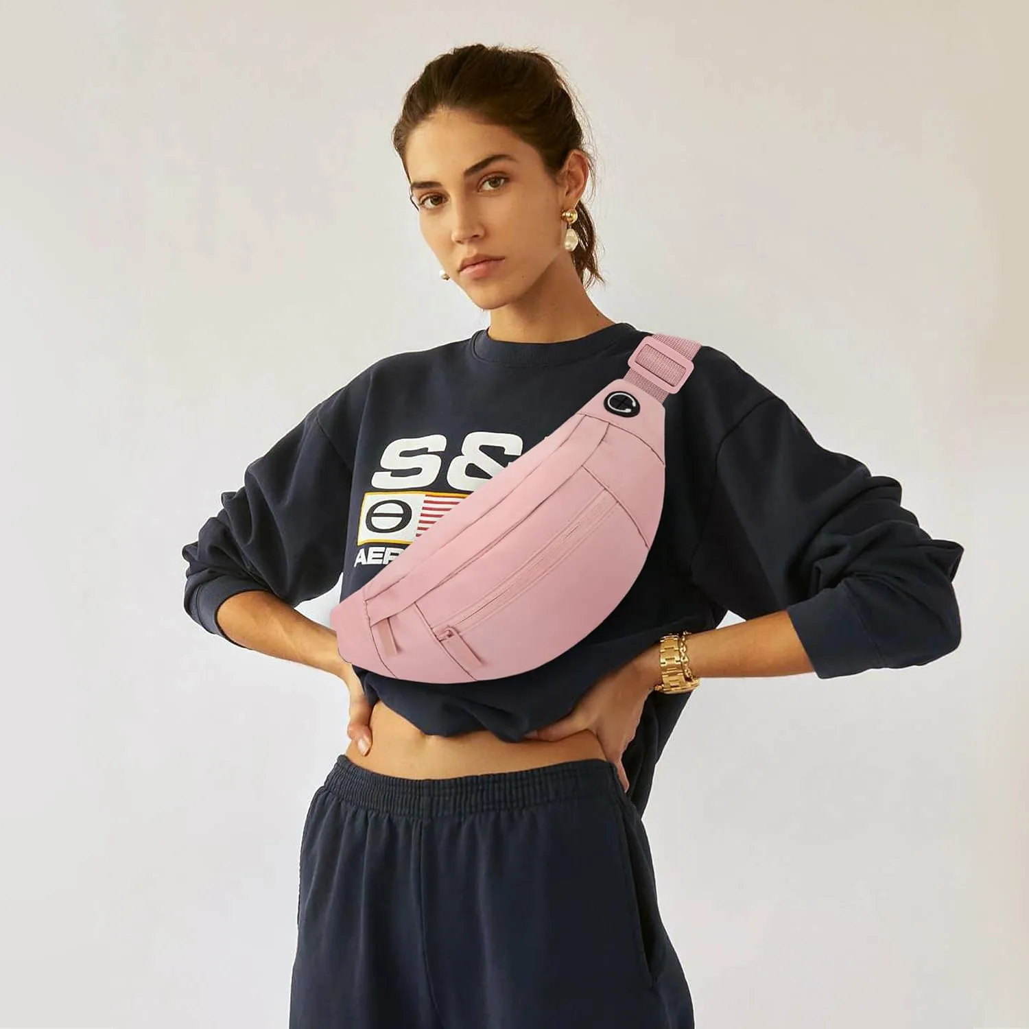 Viqueen Fashion Large Fanny Waist Pack Crossbody Belt Bag for Women and Men,Lightweight Bag with Zipper and Pockets,Water Resistant,Hands Free Phone Carrying,for Running,Sports(Pink)