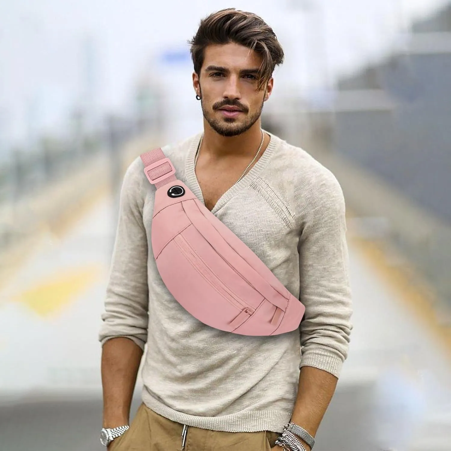 Viqueen Fashion Large Fanny Waist Pack Crossbody Belt Bag for Women and Men,Lightweight Bag with Zipper and Pockets,Water Resistant,Hands Free Phone Carrying,for Running,Sports(Pink)