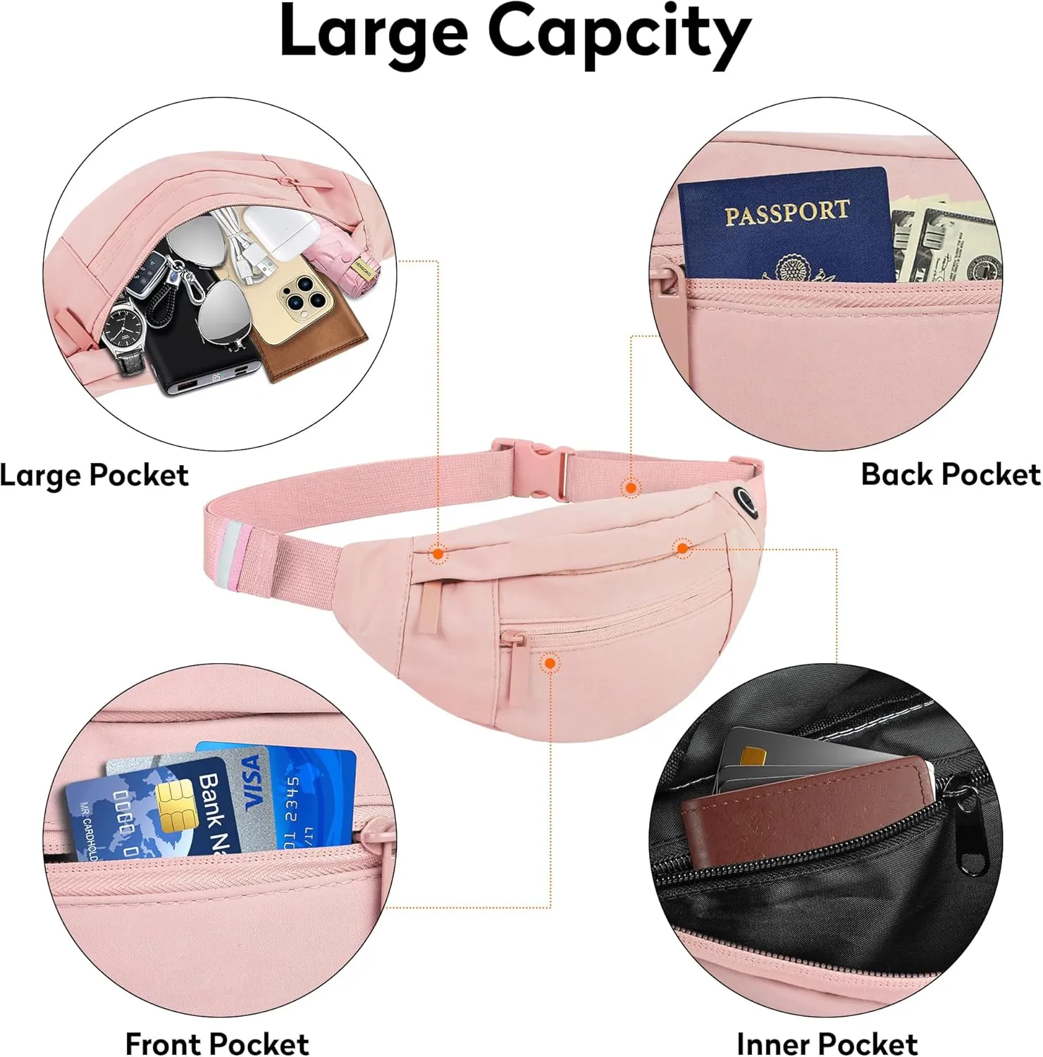Viqueen Fashion Large Fanny Waist Pack Crossbody Belt Bag for Women and Men,Lightweight Bag with Zipper and Pockets,Water Resistant,Hands Free Phone Carrying,for Running,Sports(Pink)