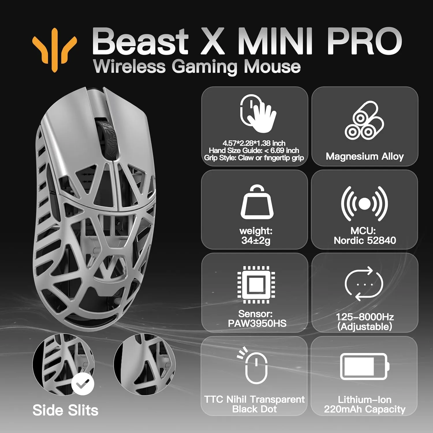 WLMOUSE Beast X Mini Pro Ultra-Light 34g Magnesium Gaming Mouse, PAW3950 HS Sensor, 8K Polling Rate, 30000 DPI,OM & TTC Switches, Customizable Side Panels.(Silver(TTC Switch-Side Slits))